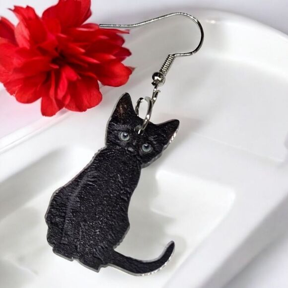 Black Cat 🐈‍⬛ Earrings Gothic Dangle Shiny Acrylic Bad Luck Kitty Cute Creepy - Picture 3 of 9